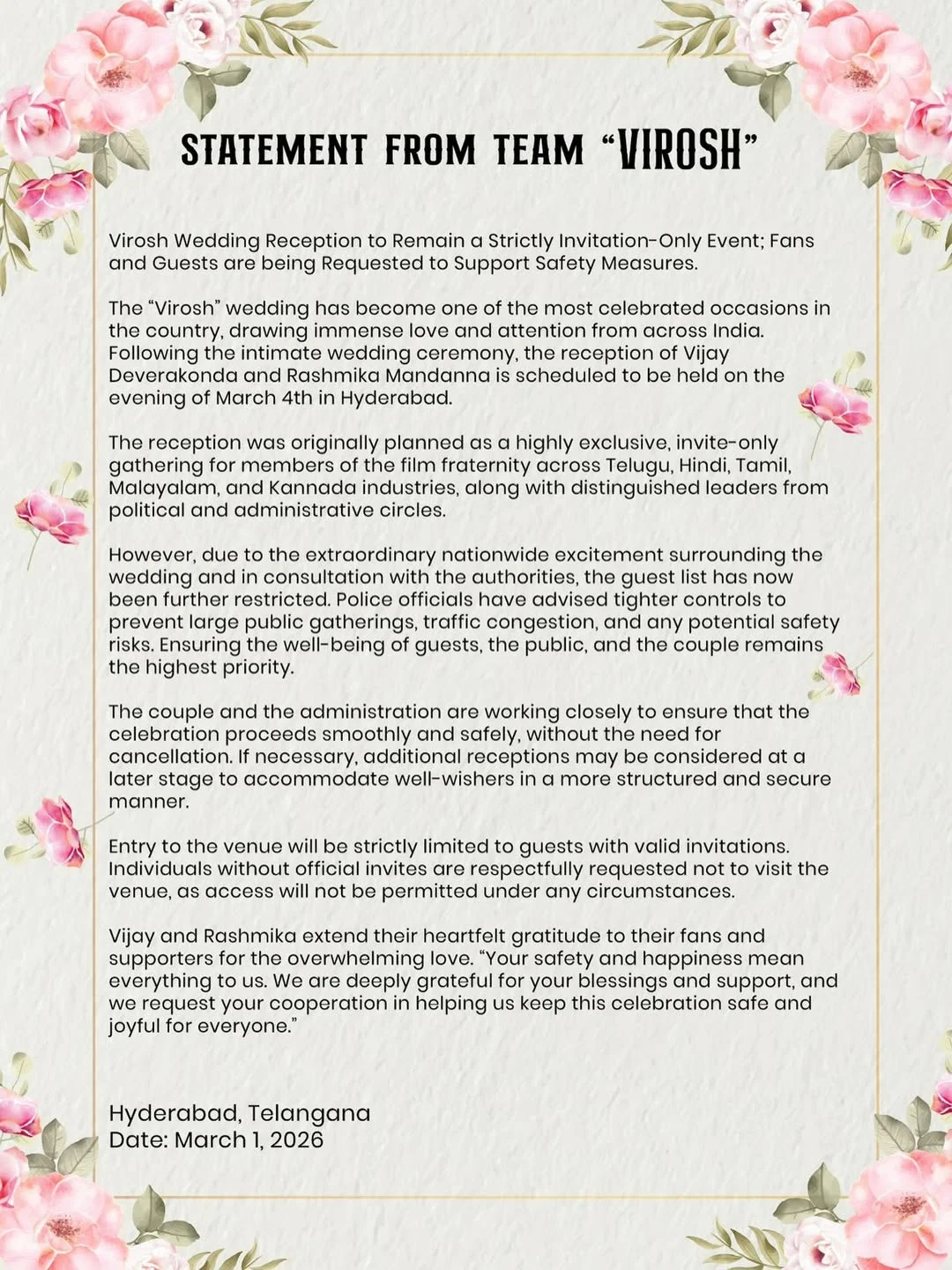 Rashmika and Vijay reception scaled down over safety concerns